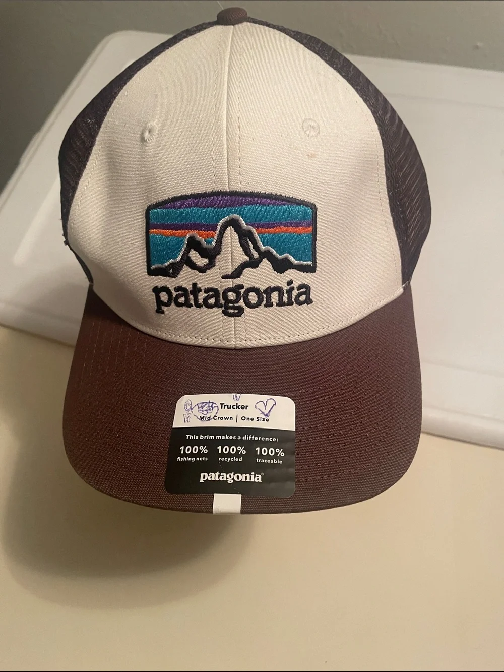 Patagonia Trucker Cap - Cream Front with Brown Bill and Multicolor Logo